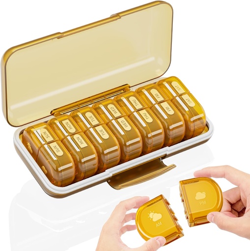 [BRSROEIQOVYBOHLD] Heti Pill Organizer 2 alkalommal egy nap, nagy 7 nap Am Pm Pill Box - Acedada kétszer napi Pill ügy levehető Day Night Design, Medicine Container Holder vitamin, Halolaj, kiegészítők, Amber