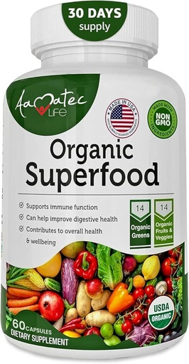 [BRSWGEIYOVYROCT6] Organic Superfood Greens Fruits and Veggies Complex - Integratore alimentare con 14 Verdi e 14 Frutta e Verdura con Alfalfa Ricco in Antiossidante Ingredienti Organici Non OGM 60 Capsule