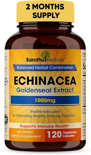 [BRSWYZA6CECAEGY6] SANDHUHERBALS Sandhu Herbals Echinacea Goldenseal 1000 Mg 120 Capsules  Immune System Support Respiratory Response Suplemento