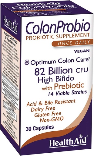 [BRSWGZQCBMDQODQU] HealthAid ColonProbio 82 Billion with Prebiotic, 14 Strains, Once Daily, 30ct, Optimum Colon Care, Acid &amp; Bile Resistant, Dairy Free, Gluten Free, Non-GMO
