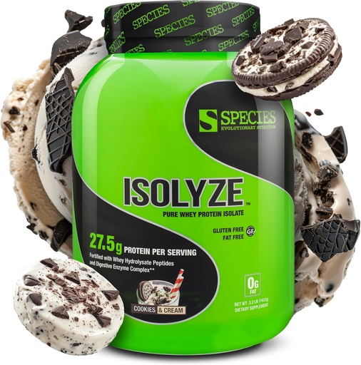 [BRSWICANOANR4CQ5] Species Nutrition Isolyze Whey Protein Powder, 100% Whey Isolate for Muscle Building, 27.5g Protein Per Scoop, No Sugar & Low Fat (Cookies & Cream, 44 Servings)
