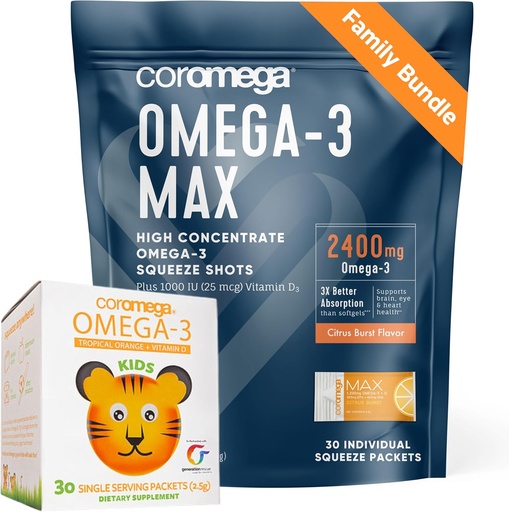 [BRSRAGA5BN6R4G35] Cromega Family Bundle - Omega-3 Fish Oil for voksne & Kids (60 Squeeze Packets) 2400mg / 650mg Omega-3 + D-vitamin, 3X mere Absorption Than Pills, Ingen Fishy Aftersmage, Citrus Burst & Tropical Orange