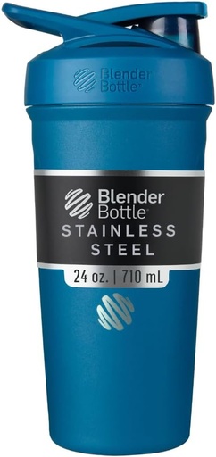 [BRSWYZQZCUORQFLH] BlenderBottle Strada Shaker Cup Insulated Stainless Steel Water Bottle with Wire Whisk, 24-Ounce, Blue