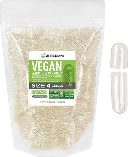 [BRSWYZYEBZ7RS2DV] XPRS Nutra Size 4 Empty Capsules - 5000 Count Small Clear Empty Vegan Capsules - DIY Vegetable Capsule Filling - Fillable Do-It-Yourself Veggie Pill Caps for Supplements