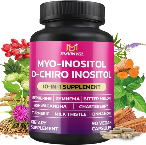 [BRSRAHADOEMBAEY6] BMVINVOL Inositol Supplement - Myo-Inositol and D-Chiro Inositol Ideal 40:1 Ratio - Plus Berberine, Cinnamon, Ashwagandha + 5 More - 90 Capsules