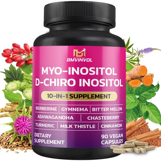 [BRSRAHADOEMBAEY6] BMVINVOL Inositol Supplement - Myo-Inositol and D-Chiro Inositol Ideal 40:1 Ratio - Plus Berberine, Cinnamon, Ashwagandha + 5 More - 90 Capsules