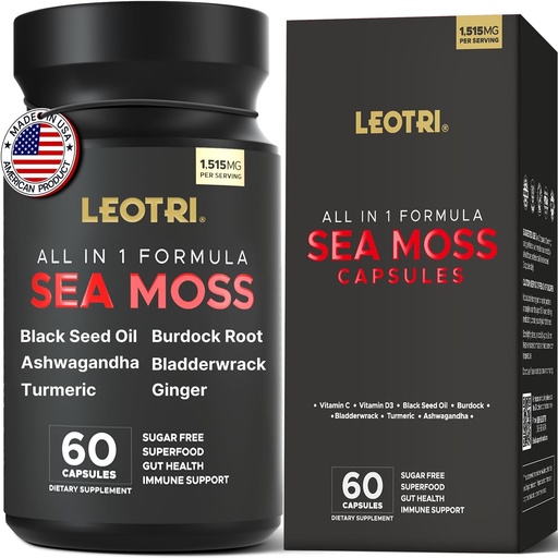 [BRSRAY34OAGQIDTZ] Organic Irish Sea Moss Capsules: Sea Moss 10500mg Black Seed Oil 6000mg Turmeric 3000mg Ashwagandha 3000mg Bladderwrack 3000mg Burdock Root 3000mg Ginger for Skin Gut Health Superfood 60 Capsules