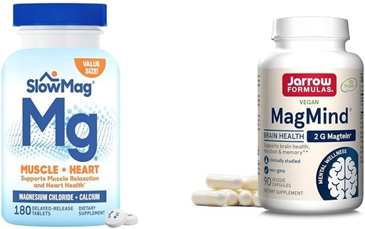 [BRSROBQEA55WY3AY] SlowMag Muscle + Heart Magnesium Chloride with Calcium Supplement to Support Muscle Relaxation & Jarrow Formulas MagMind Brain Health with Magtein (Magnesium L-Threonate), Dietary Supplement
