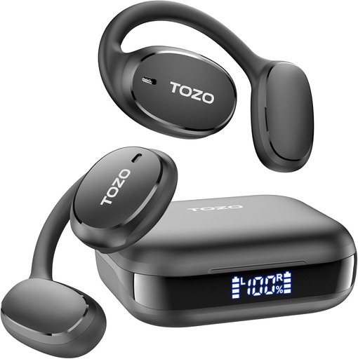 [BRSWGGIQPMFBUYDJ] TOZO OpenEgo Open Ear Earbuds Bluetooth Headphones, 80Hrs Playtime Wireless Earbuds with Earhooks, Digital Display, 32 EQ Modes, Clear Call, Comfortable Wear, Sweat-Proof for Running Workout Black