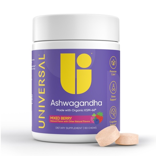 [BRSRAFT7C4PB6DLU] Universal U Calm + Focus Ashwagandha Chews – KSM-66® 300 mg Clinically Studied Extract for Stress Relief, Mood Balance & Calm Energy – Mixed Berry Flavor – 60 Chews