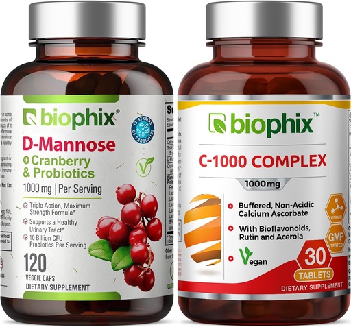 [BRSWGZT5CN6AMDLG] biophix D-Mannose Plus Cranberry Probiotics 1000 mg 120 Vcaps - Free Vitamin C-1000 30 Tablets - Supports Urinary Bladder Tract Health and Digestive Well Being