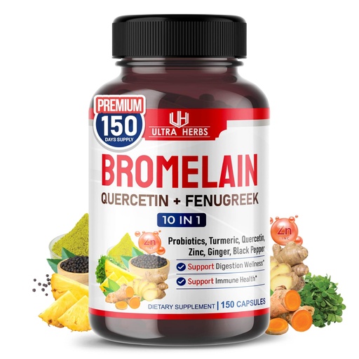 [BRSROGD4OIGR4E36] Bromelain Supplement with Quercetin, Zinc, Fenugreek, Turmeric, Ginger, Black Pepper & Probiotics - Supports Digestion, Joint Health & Nutrient Absorption | 150 Capsules