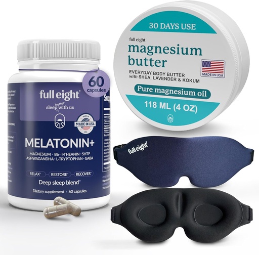 [BRSRAHYODIBRUCTA] Sleep Bundle: 3D Light Blocking Sleep Mask, Melatonin+ Fast Dissolve Melatonin Supplements 60 Capsules, and Magnesium Body Butter for Tensed Legs & Tight Muscles, 4oz Cream