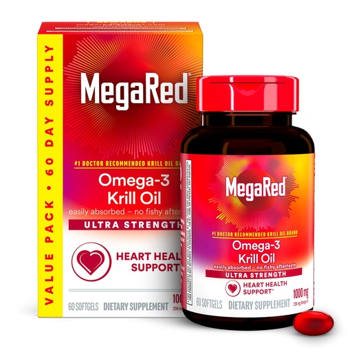 [BRSWGED7BMCBUADJ] MegaRed Ultra Strength 1000mg Omega-3 Krill Oil Supplement with EPA/DHA, Astaxanthin & Phospholipids, No Fish Oil Aftertaste Supports Heart, Brain, Joint and Eye Health, 60 Count Softgels.