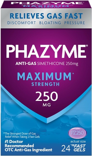 [BRSWKYT4DIIBKFLG] Phazyme Maximum* Strength Anti-Gas 250 mg Simethicone Gas Relief for Adults, Fast Gels Quickly Ease Bloating, Pressure & Discomfort, 24 Count