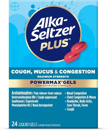 [BRSWYZIYCB7RS3Q3] Alka- Seltzer Plus Maksimal styrke Host, Mucus & Congestion Powermax Flydende Gels, Hurtig og effektiv Chest Congestion Relief, Host suppressant, For voksne og børn 12 år og ældre 24 Tæl