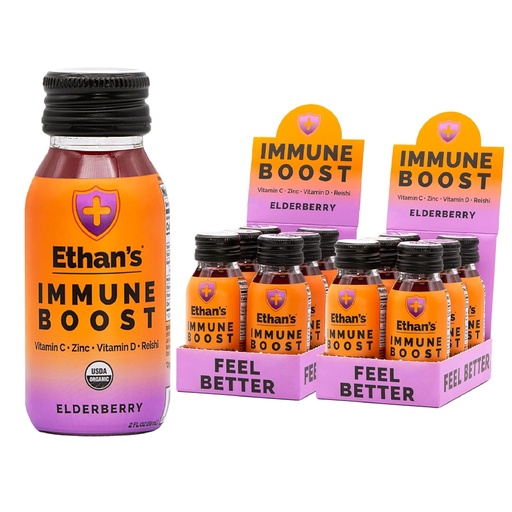 [BRSW2ZLQCJYAOCQU] Ethan's Organic Immune Boost Shots, Elderberry Flavor. Feel Better. Immunity Support, Made with Real Fruit, Vitamin C, Vitamin D, Reishi, Zinc, with No Added Sugar (12 Pack of 2oz Shots)