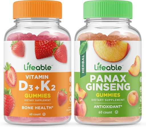 [BRSROZI6CUGQ4YI2] Lifeable Vitamin D3 + Vitamin K2 + Panax Ginseng, Gummies Bundle - Great Tasting, Vitamin Supplement, Gluten Free, GMO Free, Chewable Gummy