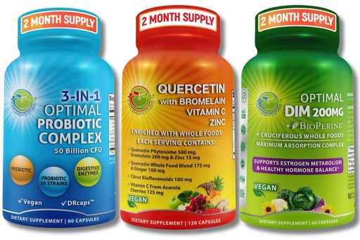 [BRSRAYLYBUIBGA3V] Vegan Hormonal, Immune & Gut Health Support Bundle – Quercetin 500mg with Bromelain, Zinc & Vitamin C + DIM 200mg with BioPerine® + 3-in-1 Probiotic 50 Billion CFU with Digestive Enzymes & Prebiotics