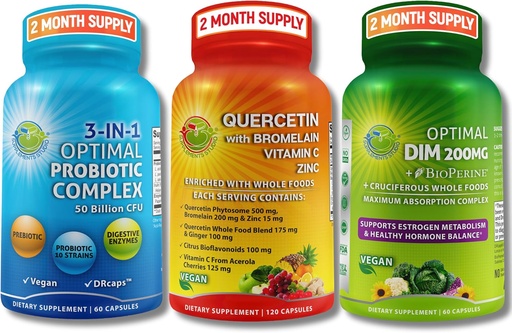 [BRSRAYLYBUIBGA3V] Vegan Hormonal, Immune & Gut Health Support Bundle – Quercetin 500mg with Bromelain, Zinc & Vitamin C + DIM 200mg with BioPerine® + 3-in-1 Probiotic 50 Billion CFU with Digestive Enzymes & Prebiotics