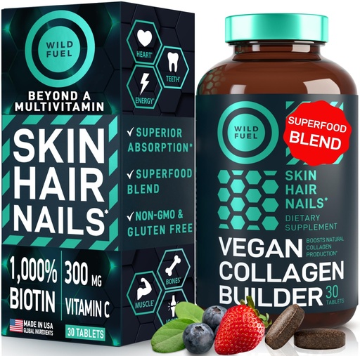 [BRSWYGA5C5YR6FLF] WILD FUEL Vegan Collagen Builder - Biotin, Organic Superfood, Amino Acids Glycine, Lysine, Proline Plant-Based Collagen Booster Supplements - 30 Organic Extract Tablets