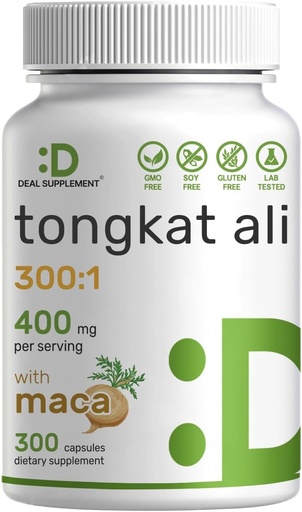 [BRSROYA6ARYBUFLB] DEAL SUPPLEMENT Tongkat Ali Extract 300:1 400mg & Maca Root 400mg | 300 Capsules, Ultra Strength Longjack (Eurycoma Longifolia) + Peru Maca – Non-GMO, Herbal Supplement for Men Health, Performance