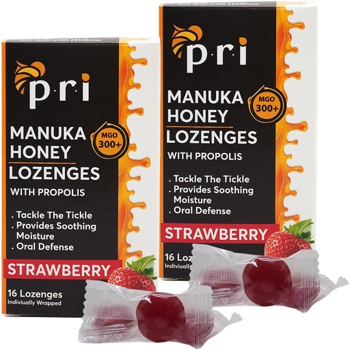 [BRSRM2QEOAPWM3IZ] P.R.I Manuka Honey Lozenges s Propolis, Upokojujúci kašeľ a hrdlo kvapky, MGO 300+ Certified (jahoda, 16 gróf/2 balenie)