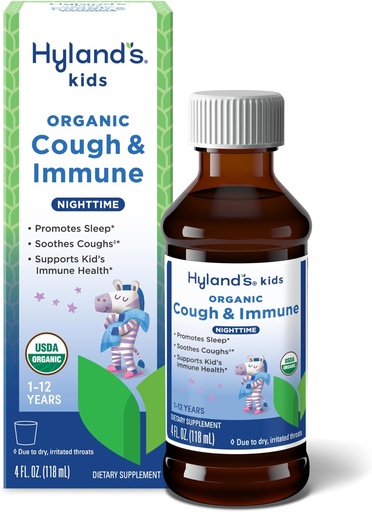 [BRSROEAKDMFBO3DX] Hyland's Kids Nighttime Organic Cough Syrup and Immune Support with Agave, Elderberry and Pomegranate, Soothes Cough, and Supports Imunity, 4 Fl. Oz.
