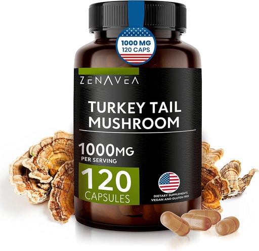[BRSRM232AUFRQA34] Turkey Tail Mushroom Capsules Immune System Support, Antioxydant and Digestive Properties - Mushrooms Supplement 1000mg - 120 Capsules - Equivalent to 15,000 mg of Organic Turkey Tail