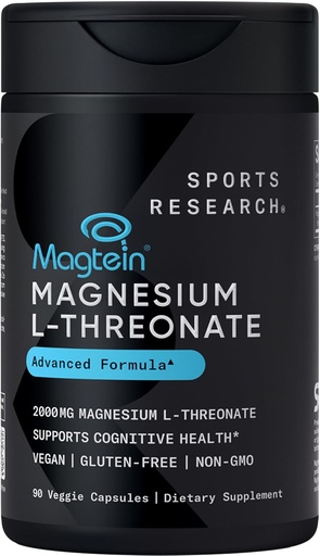 [BRSRMYL2OUHRODTO] Sports Research Magtein Magnesium L-Threonate Capsules - Magnesium Supplement for Memory, Focus & Cognition - Magnesium L Threonate Supports Brain Health, Sleep & Mood - 2000mg, 90 Capsules for Adults