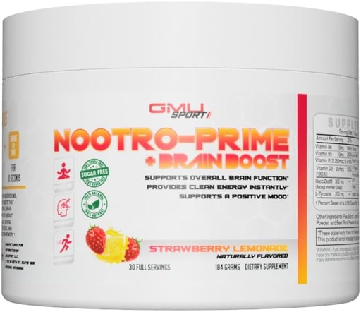 [BRSROAD7CUMQM33K] Nootro-Prime Brain Boost - Focus Brain Supplement - Gobe Supplement Powder z Alpha GPC, Nootropic Brain Supplements za spomin in fokus z Lions Mane, 30 Servings, Jagodna limonada