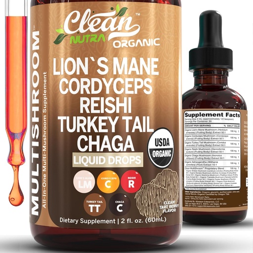 [BRSRAGL5PNYAMF36] Organic Lions Mane Mushroom Supplement flydende dråber + Tyrkiet Tail Cordyceps Reishi Chaga Shitake Maitake Tremella Oyster Mushrooms Poria og Enokitake Complex Blend by Clean Nutra