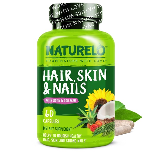 [BRSWGHQNA4FRGYDO] NATURELO Hair, Skin and Nails Vitamins - 5000 mcg Biotin, Collagen, Natural Vitamin E - Supplement for Healthy Skin, Hair Growth for Women and Men – 60 Capsules