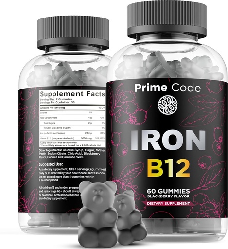 [BRSROEARDEBQ23Q3] Vitamin B12 Gummies for Women & Men, 20mg Iron Supplement for Adults, Free Blood Builder for Anemia, Vitamin B12 Gummies with Iron & Natural Blackberry Flavor, Vegan, Non-GMO, 30 Day Supply