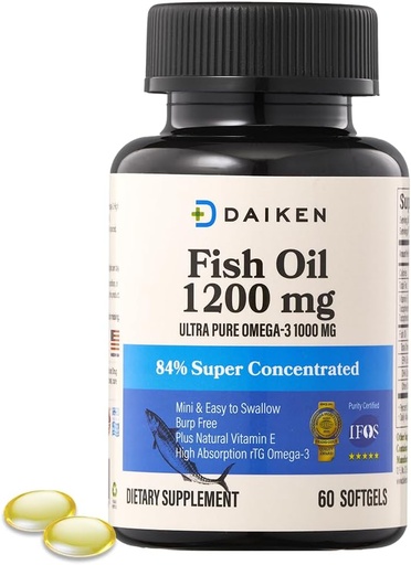 [BRSRABQ5BMBROC3B] DAIKEN Mini Fish Oil 1200 mg, rTG Omega 3 1000 mg, 60 Softgels, suuri absorptio & Burpless Fish Oil for Healthy Heart, Brain and Dry Eyes Support