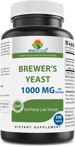 [BRSROFQTBFYRYYDD] Brieofood Brewers Yeast 1000 mg per Serving - 240 Tablets - 3rd Party Labe Tested for Purity & Quality