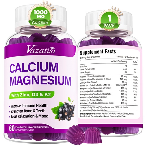 [BRSRAYA6OENAEDTL] Calcium Magnesium Zinc Gummies with Vitamin D3 and K2, High Absorption Magnesium Glycinate Potassium for Immune and Muscles, Vegan Elderberry Flavor 60 Gummies