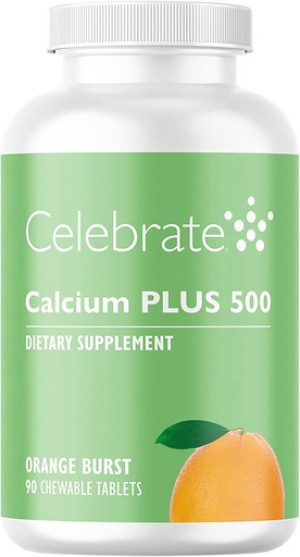 [BRSWKHQRAB7BG2DK] Celebrate Vitaminer Kalsium Plus 500 Bariatrisk kalsiumcitrat med vitamin D3 Chewable, 500 mg, Glutenfri og sukkerfri, kalsiumcitrat for Bariatriske pasienter, Orange Burst, 90 count