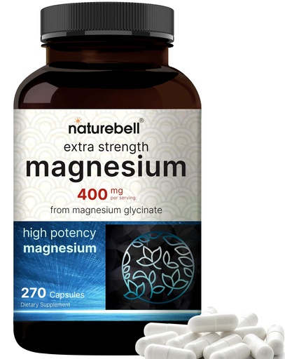 [BRSRMGDYPJYR62YV] NatureBell Magnesium Glycinate 400mg Elemental, 270 Capsules | 100% Chelated for High Absorption | Supports Muscle, Bone & Heart Health | Non-GMO, Gluten-Free, Vegan