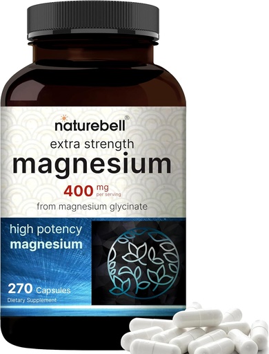 [BRSRMGDYPJYR62YV] NatureBell Magnesium Glycinate 400mg Elemental, 270 Capsules | 100% Chelated for High Absorption | Supports Muscle, Bone & Heart Health | Non-GMO, Gluten-Free, Vegan
