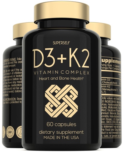 [BRSWYEAKC4FWCC3D] SuperSelf Vitamin D3 K2 Capsules - Vitamin D3 5000 IU and Vitamin K MK7 100mcg - 60 Capsules - USA Made Vegetarian Vitamin D Supplement - High Strength VIT D for Bones, Muscle, Teeth, Immune System