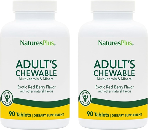[BRSROFIKOQHQ2DL3] NaturesPlus Adult's Chewable, Exotic Red Berry Flavor - 90 tablettia, pakkaus 2 - Multivitamiini & Mineral Supplement - Kasvisruokaa, Gluteeniton - 180 Tarjoilu yhteensä