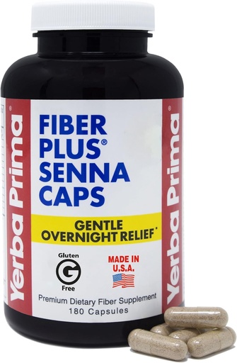 [BRSWIZYZOMDQ2G32] Yerba Prima Fiber Plus Senna Capsules, 180 Count - Gentle Overnight Relief, USA Made, Non-GMO, for Short-Term Use to Restore Regularity