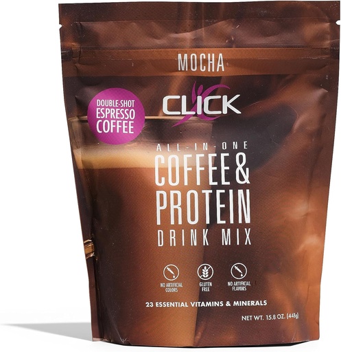 [BRSWIYAOBAGB63TK] Egin klik Kafe Proteina, Proteina eta Benetako Kafea Batean, Ordezko Elikadura Edaria, Mocha Flavor, 23 Funtsezko Bitaminak, Kafe Bikoitza, Beroa edo Hotza, 15.8