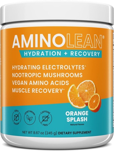 [BRSW2ZIYAEGR4HLA] AminoLean Hydrating Electrolyte Powder and Recovery Drink with Sea Minerals, Nootropic Mushrooms, and Vegan Amino Acids, BCAAs + EAs for Post Workout Muscle Building, Orange Splash