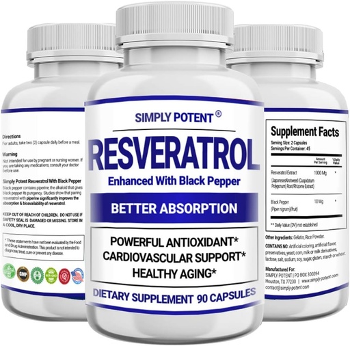 [BRSWYEIQA4MR4236] Resveratrol 1000mg Supplement, Trans Resveratrol 500mg, Resveratrol Enhanced with Black Pepper for Max Absorptie, Powerful Antioxidant & Anti-Aging Pillen voor Hart, Immune & Skin Health, 90 Capsules