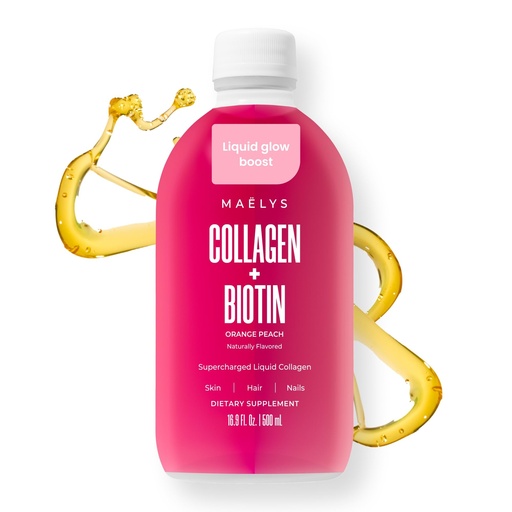 [BRSRAFQKCMPQ42AV] MAËLYS Collagen + BIOTIN Supercharged Liquid Collagen - Drinkable Hydrolyzed Type I & III Collagen Supplement with Biotin, Vitamin C, Zinc & Folic Acid - Orange Peach Flavor (500 mL)