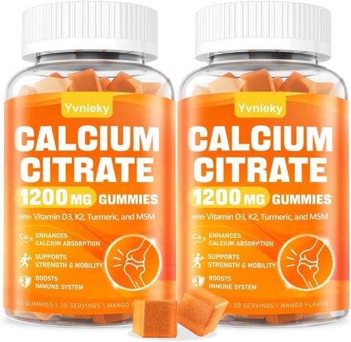 [BRSRAHQHB4HBMD3U] Kalcium 1200 mg D3-vitamin kiegészítés Gummies felnőttek számára - Kalcium Citrát D3-mal, K2, Turmeric, MSM nőknek - Support Strength Muscle Immune - Sugar Free, Natural Mango Flavor