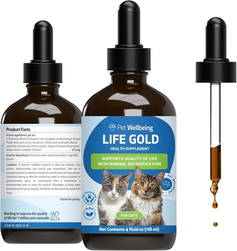 [BRSRAEI3O4FAA2Y3] Pet Wellness Life Gold for Cats - Supports Detoxification, Immune System Health, Antioksis - Vet-Formated Herbal Supplement – 4 oz (118 ml)