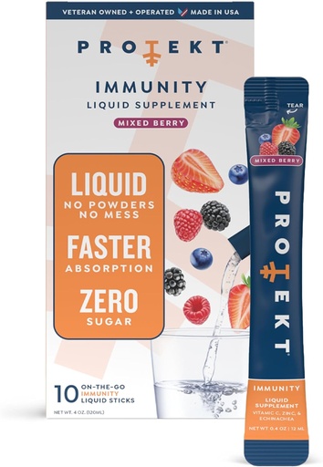 [BRSRMAAHCVYQ4A32] PROTEKT Liquid Immuno Support Supplement - Liquid Drink Mix, Immuniteetti Supplement, Immuuni Boosters aikuisille, Sokeritonta C-vitamiinia ja Sinkkiä Immuniteetti Tuki - Mixed Berry 10ct